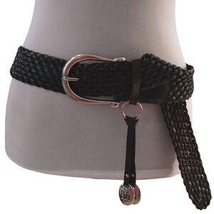 Michael Kors Black Leather Braided Belt with Silver Buckle & Monogram Charms